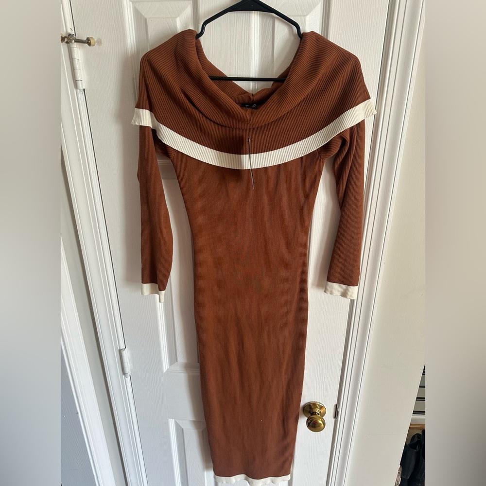 Fashion Nova Ribbed Off-Shoulder Midi Dress with Cream Trim